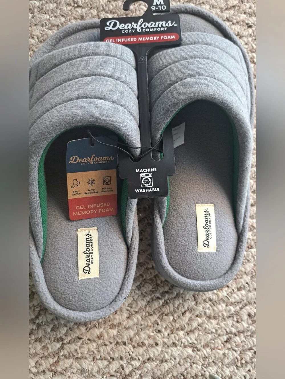 Dearfoams Men’s M 9-10 Gel Memory Foam Gray Slippers NWT
